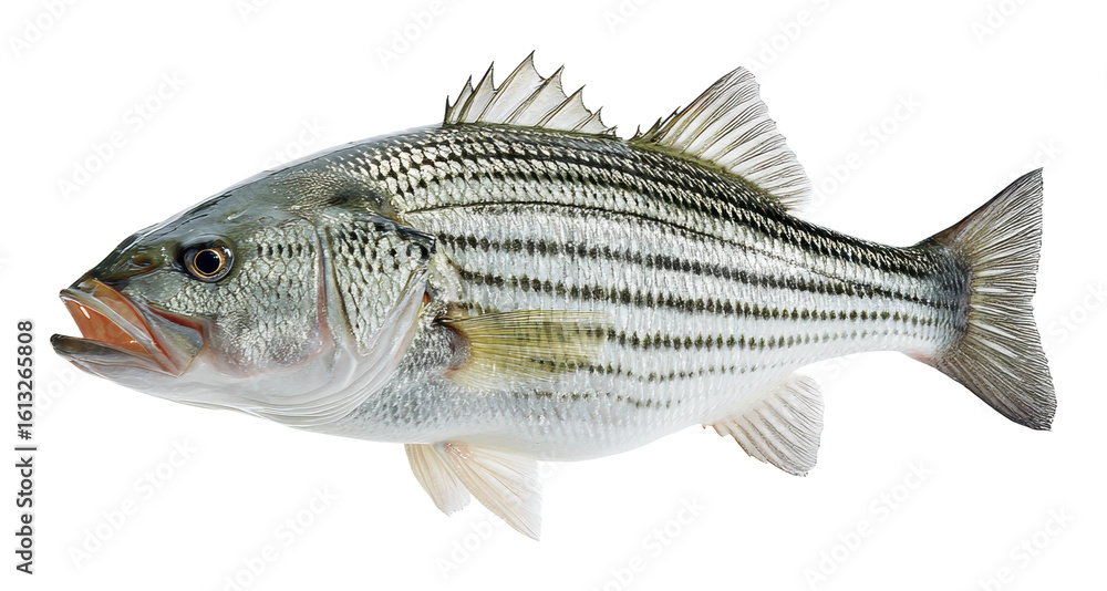 Fototapeta premium Sporting action striped bass fishing in freshwater lakes nature scene view isolated on transparent background, png