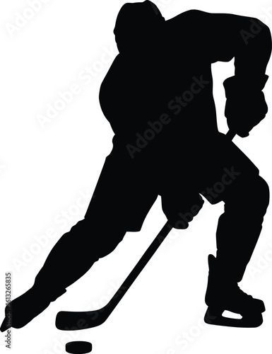 Dynamic hockey player silhouette in action on ice with puck and stick