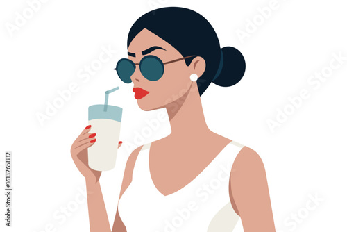 Illustration of a stylish woman with sunglasses drinking a beverage