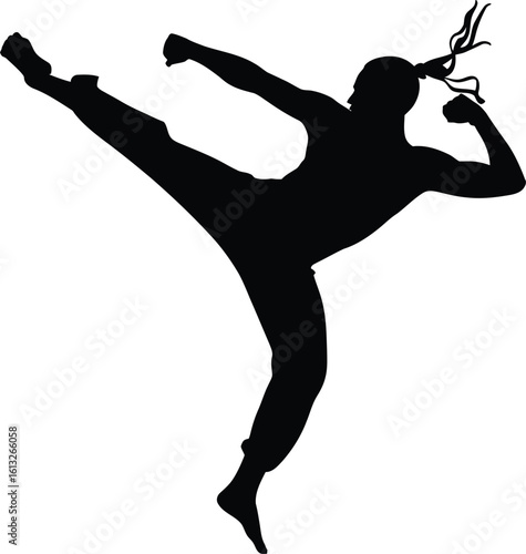 Dynamic martial arts fighter performing a high kick with a trophy in silhouette