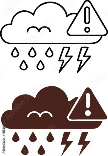 Extreme Weather Icons. Black And White Vector Icons. Rain Cloud And Danger Sign. Storm Warning. Ecological Problem. Climate Change Concept
