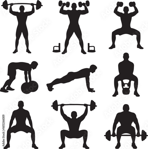 Athletic figures performing various weightlifting exercises