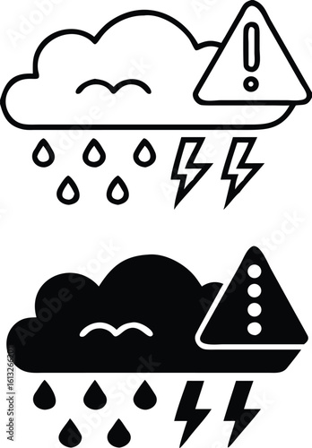 Extreme Weather Icons. Black And White Vector Icons. Rain Cloud And Danger Sign. Storm Warning. Ecological Problem. Climate Change Concept

