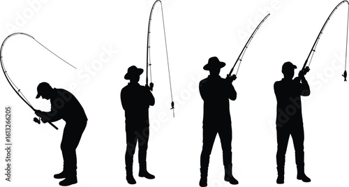 Fisherman casting fishing rod silhouette, outdoor hobby, catching fish, recreational sport, nature adventure vector, fishing sequence, peaceful lake view