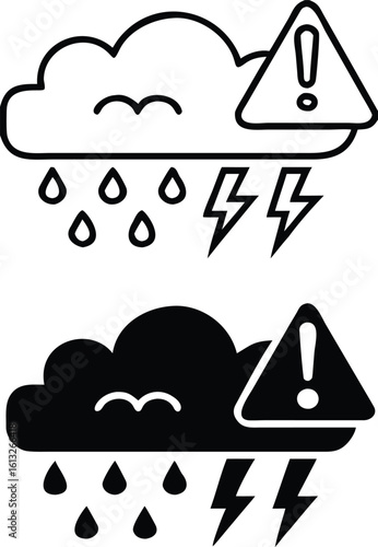 Extreme Weather Icons. Black And White Vector Icons. Rain Cloud And Danger Sign. Storm Warning. Ecological Problem. Climate Change Concept
