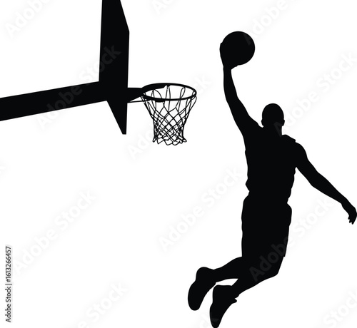 Dynamic silhouette of a basketball player leaping to slam dunk the ball into the hoop