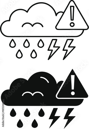 Extreme Weather Icons. Black And White Vector Icons. Rain Cloud And Danger Sign. Storm Warning. Ecological Problem. Climate Change Concept

