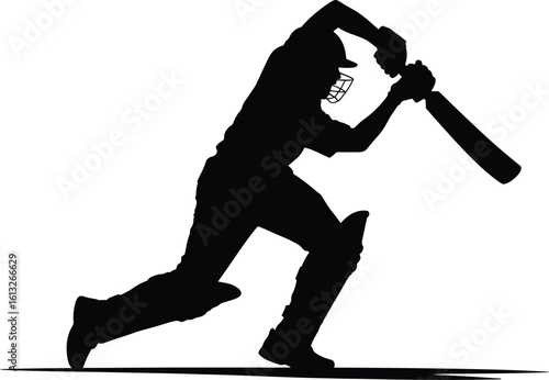 Dynamic silhouette of a cricket batsman in action hitting a powerful shot on a white background