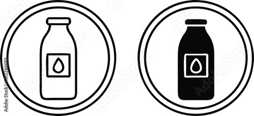 Icons Contains Lactose. Black and White Vector Icons of Bottles with Milk. Allergen Food Ingredient. Label, Logo For Dairy Products
