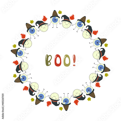Wreaths for Halloween celebration with cute ghosts Vector holiday illustration Decor for October 31st