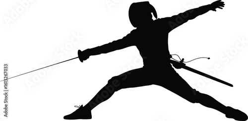 Dynamic silhouette of a fencer in action with sword extended in a competitive pose silhouette