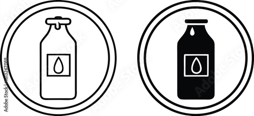 Icons Contains Lactose. Black and White Vector Icons of Bottles with Milk. Allergen Food Ingredient. Label, Logo For Dairy Products
