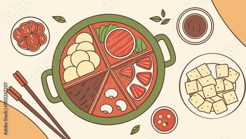 A deliciously illustrated hot pot meal with various ingredients
