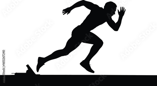 Dynamic silhouette of a male athlete in mid stride during a sprint race on a white background