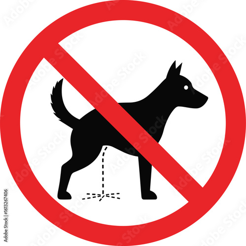 No dog urination sign vector illustration, black silhouette with red slash, pet etiquette symbol, public hygiene notice, outdoor behavior awareness