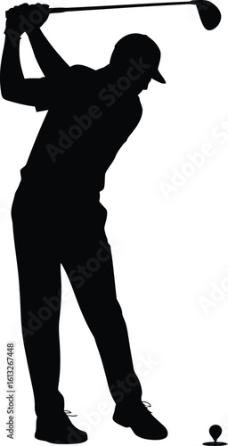 Dynamic silhouette of a male golfer executing a powerful swing during a golf game