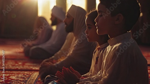 Family in Prayer: Golden Hour Light Illuminates Devotion on Mosque Carpet