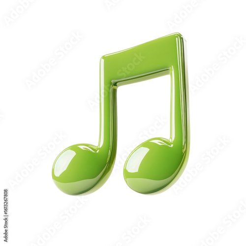 Bright green musical note symbol representing creativity and joy in sound expression, floating against a neutral background on transparent background