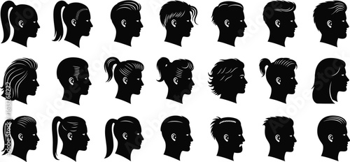 Silhouette hairstyle collection vector, diverse women haircuts, ponytail, short, long hair, side profile icons, stylish haircut design