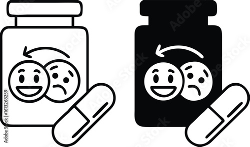 Antidepressant Icons. Black and White Vector Illustration. Psychotropic Drugs for Treating Depression and Other Mental Illnesses. Psychology Concept
