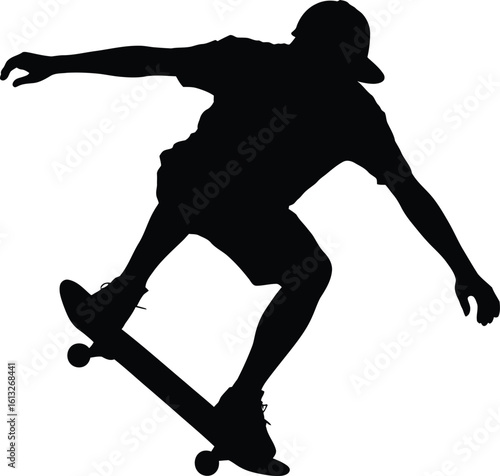 Dynamic silhouette of a skateboarder performing an aerial trick against a white background