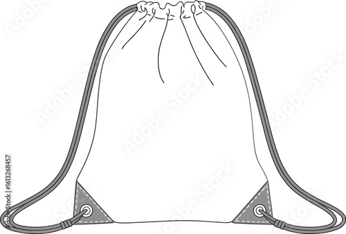 Drawstring backpack bag CAD vector sketch, flat front technical fashion illustration for accessory design, branding template, print mockup, layout design