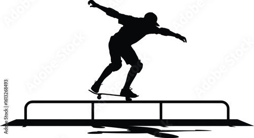 Dynamic silhouette of a skateboarder performing a trick on a grind rail with motion blur