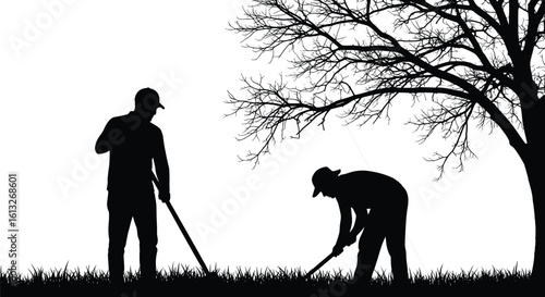 Silhouette of gardeners working outdoors under tree, seasonal yard maintenance, gardening tools, nature labor, teamwork, grass, outdoor lifestyle vector