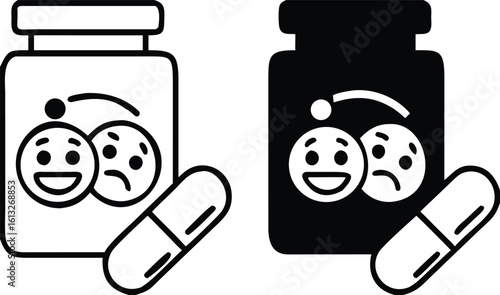 Antidepressant Icons. Black and White Vector Illustration. Psychotropic Drugs for Treating Depression and Other Mental Illnesses. Psychology Concept
