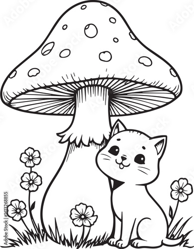 cute cat mushroom flowers garden black and white line art simple outlined drawing illustration vector printable coloring page on transparent background