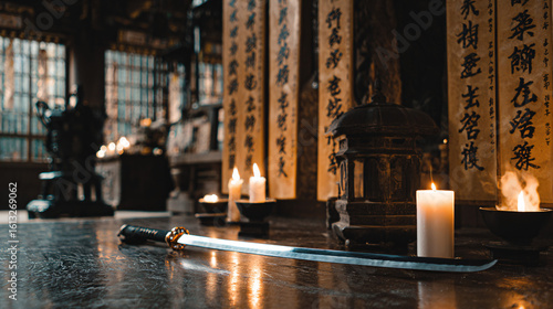 Glowing Sword Resting in a Candlelit Temple Chamber