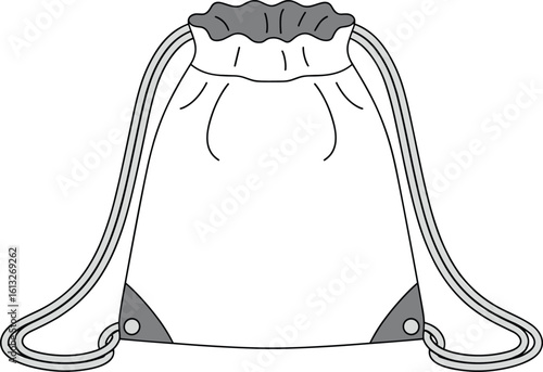 Drawstring gym bag technical CAD sketch, front view vector illustration, flat fashion accessory design, for print template, mockup, branding