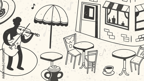 A whimsical illustration of a violinist playing at an outdoor cafe with tables and chairs scene design