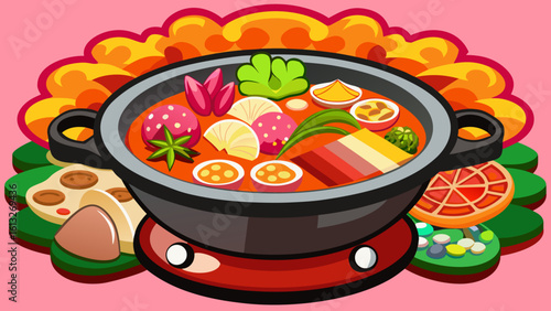 Vibrant hot pot with assorted ingredients and decorative elements
