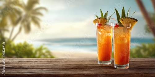The refreshing tropical cocktails on a wooden table by the beach.