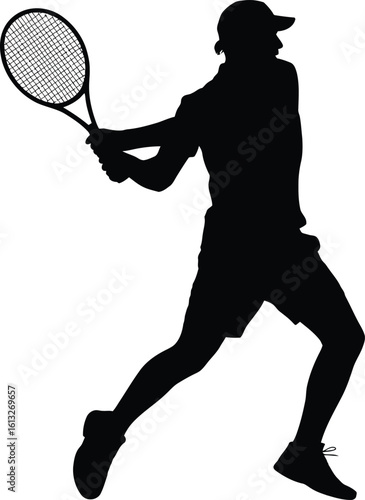 Dynamic tennis player silhouette in action during a powerful forehand stroke silhouette