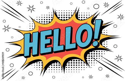 Illustration of a comic book style speech bubble with the word hello and starburst background
