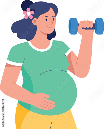 Pregnant woman in green shirt lifting dumbbell with flower in hair and yellow pants smiling softly
