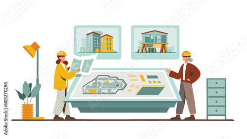 Two architects reviewing blueprints and building plans in an office environment together at work