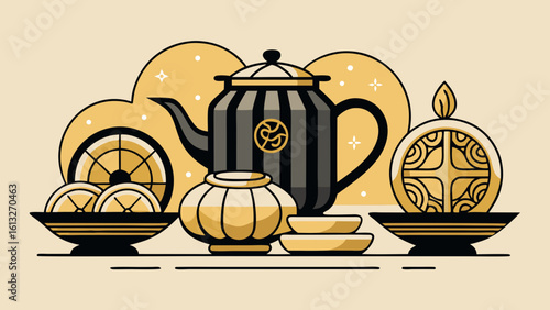 Stylized tea set with citrus and decorative elements