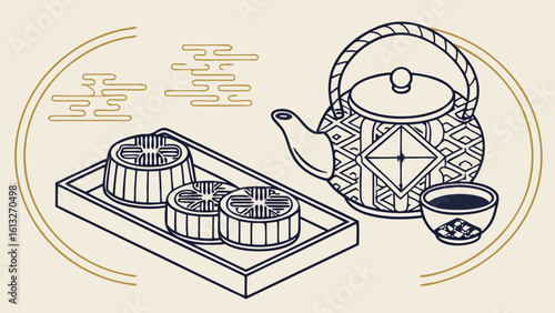 Traditional tea set with mooncakes and decorative elements