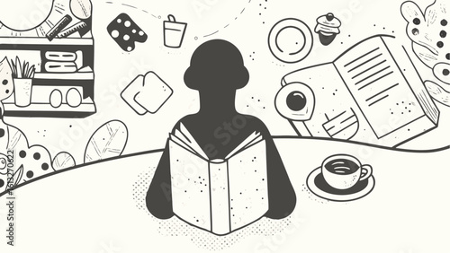 Silhouette of person reading book with kitchen and food items in background in black and white style