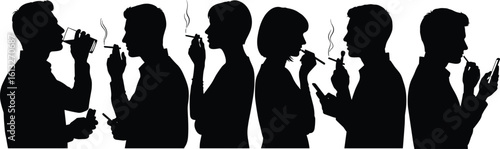 Silhouettes of people smoking and using smartphones, modern lifestyle habits illustration, addiction awareness, technology dependence, isolated emotional vector art