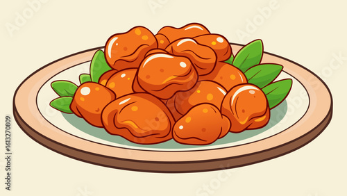 Delicious crispy fried chicken nuggets on a plate with green leaves
