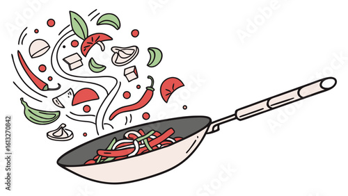 Stir fry ingredients flying into a wok with motion lines