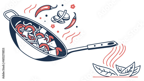 Stir fry cooking with shrimp and chili peppers in a wok
