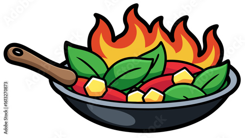 Hot stir fry vegetables in a frying pan with flames