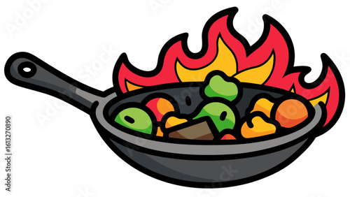 Cartoon frying pan with vegetables and flames