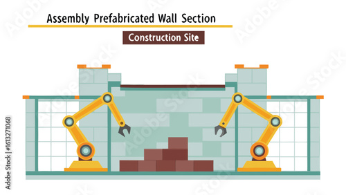 Robotic arms assembling a brick wall on a construction site with prefabricated wall sections in the background
