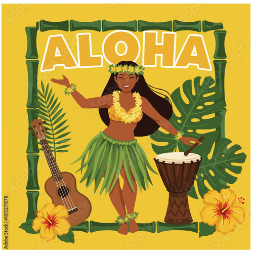 aloha, hula dancer, ukulele, drum, tropical flowers, Hawaiian dancer, vector poster, island culture, Hawaiian music, tropical theme, floral design, Polynesian dance, beach vibes, colorful vector, isla